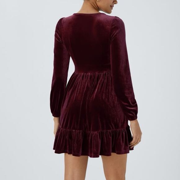 NWT Halara Everyday Deep V Neck Long Sleeve Ruffled Hem Velvet Mini Party Dress - Picture 2 of 6
